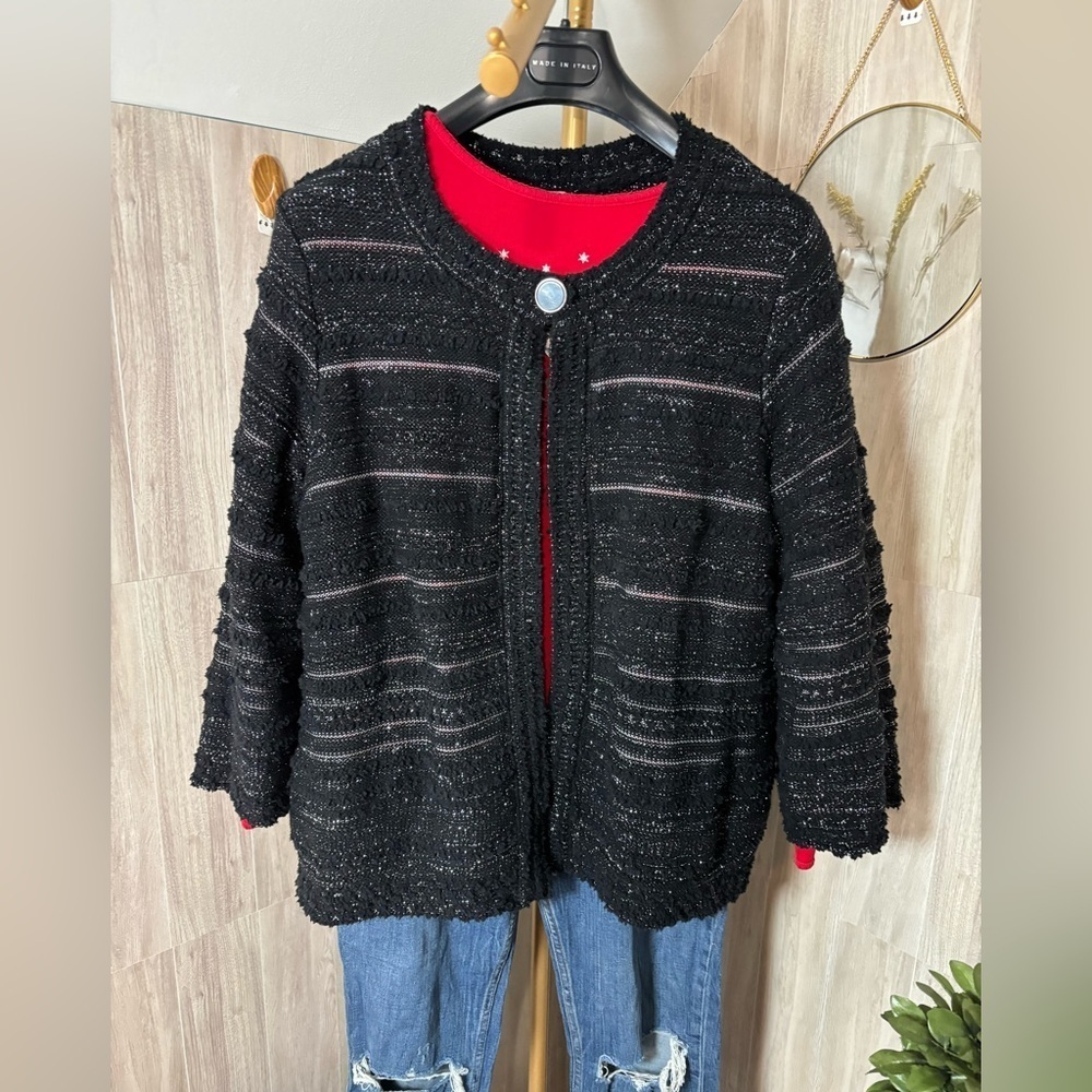 JM Collection Black Silver Shimmer Sweater Cardigan